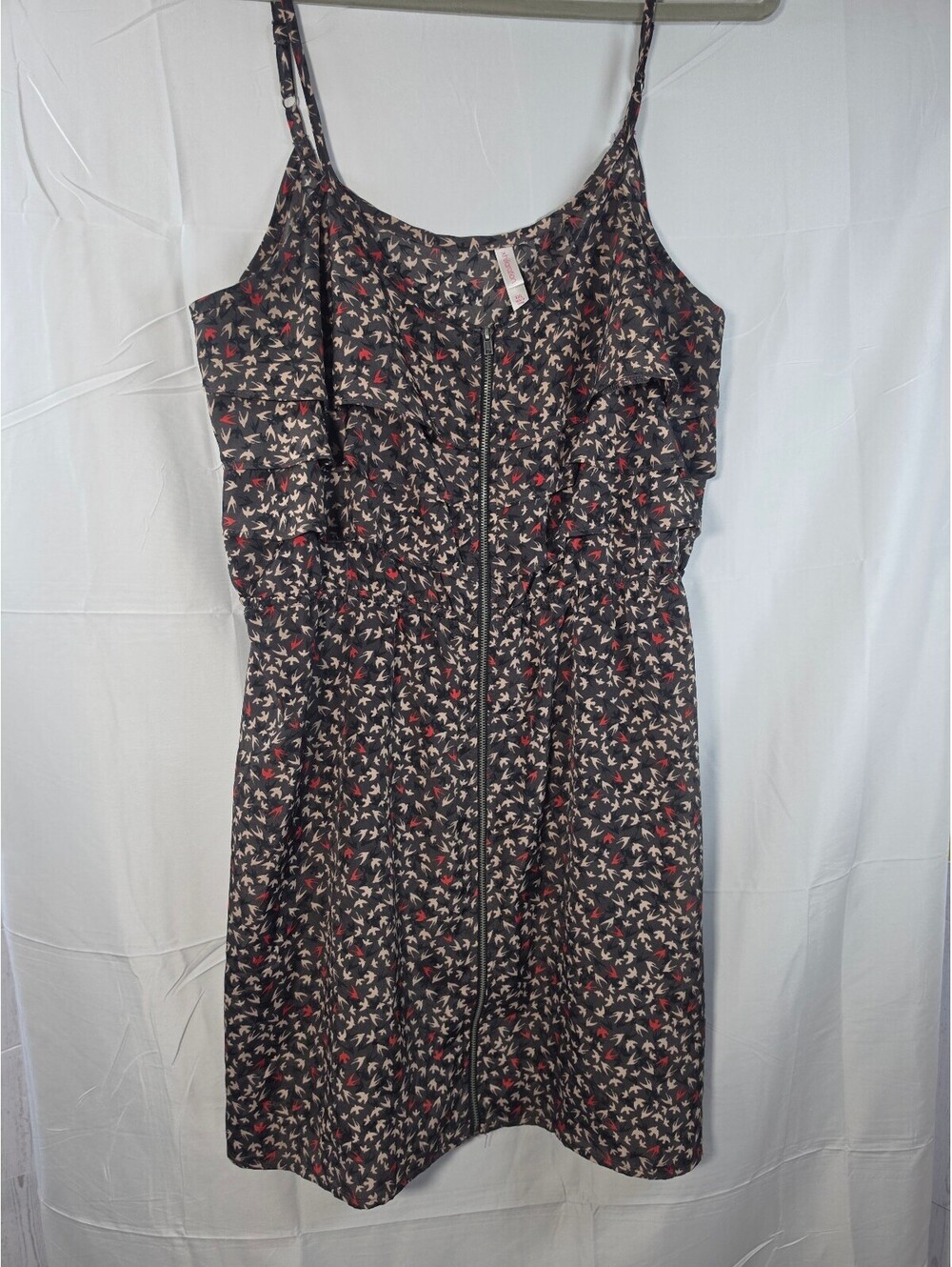 Xhilaration XXL Bird Print Ruffle Sleeve Zip Front Mini Dress Black Red
